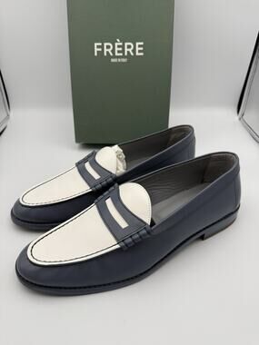 NIB FRERE Leather Two-Tone Penny Loafers Navy White Made in Italy EU 45 US 12